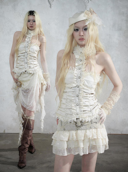 NO ROMANCE Vintage Baroque Lace Panel Ruched Velvet Bustier Women&