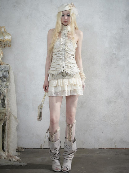 NO ROMANCE Vintage Baroque Lace Panel Ruched Velvet Bustier Women&