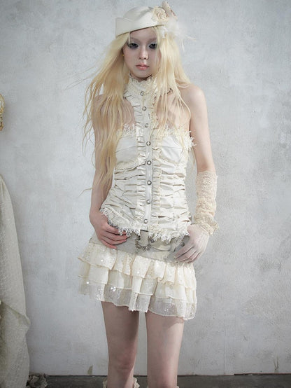 NO ROMANCE Vintage Baroque Lace Panel Ruched Velvet Bustier Women&
