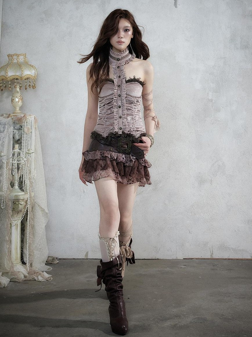 NO ROMANCE Vintage Baroque Lace Panel Ruched Velvet Bustier Women&