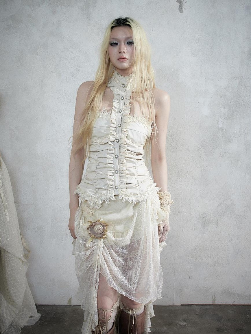NO ROMANCE Vintage Baroque Lace Panel Ruched Velvet Bustier Women&