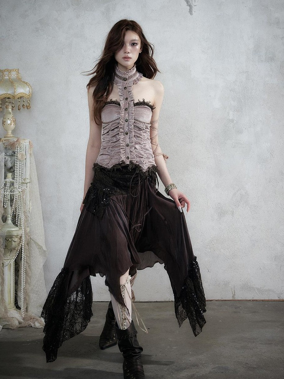 NO ROMANCE Vintage Baroque Lace Panel Ruched Velvet Bustier Women&
