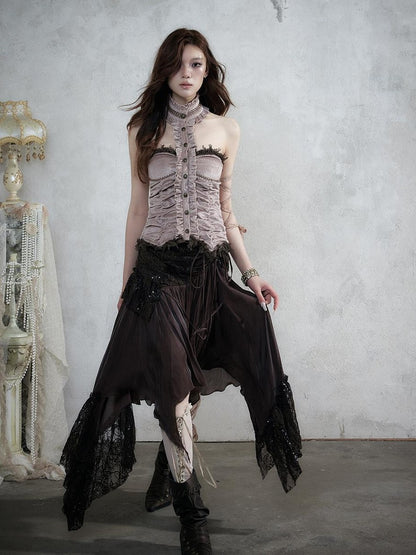 NO ROMANCE Vintage Baroque Lace Panel Ruched Velvet Bustier Women&