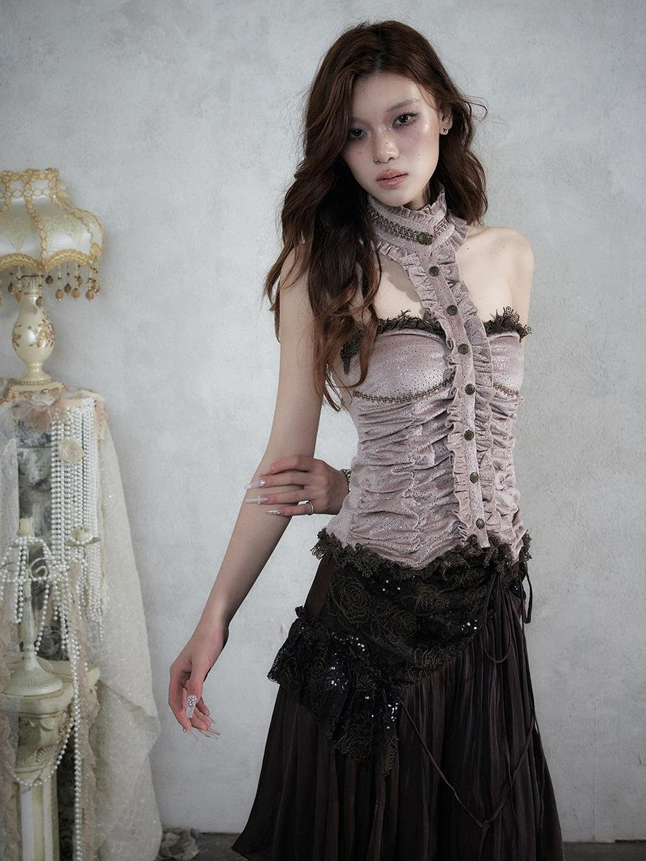NO ROMANCE Vintage Baroque Lace Panel Ruched Velvet Bustier Women&