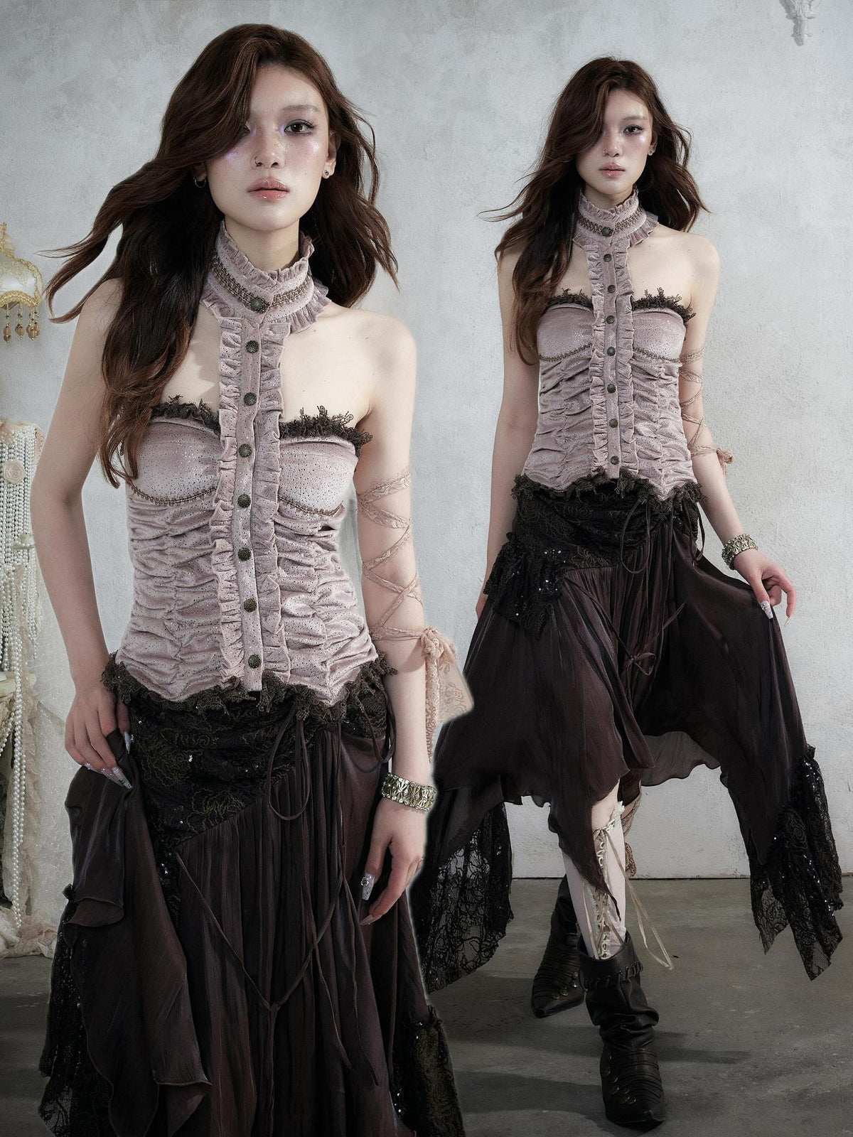 NO ROMANCE Vintage Baroque Lace Panel Ruched Velvet Bustier Women&