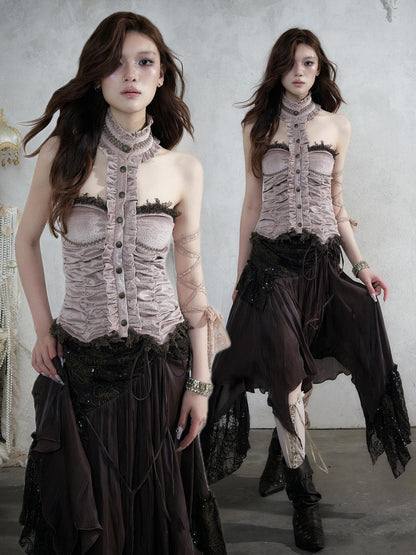 NO ROMANCE Vintage Baroque Lace Panel Ruched Velvet Bustier Women&
