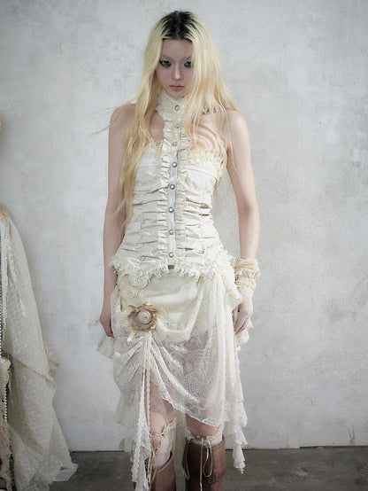 NO ROMANCE Vintage Baroque Lace Panel Ruched Velvet Bustier Women&