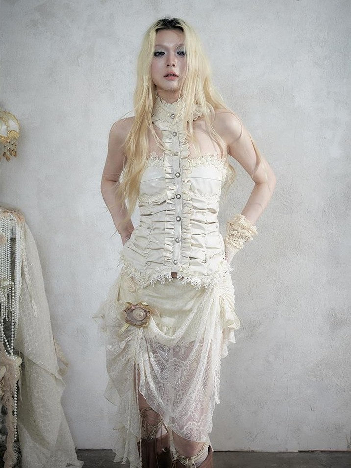 NO ROMANCE Vintage Baroque Lace Panel Ruched Velvet Bustier Women&