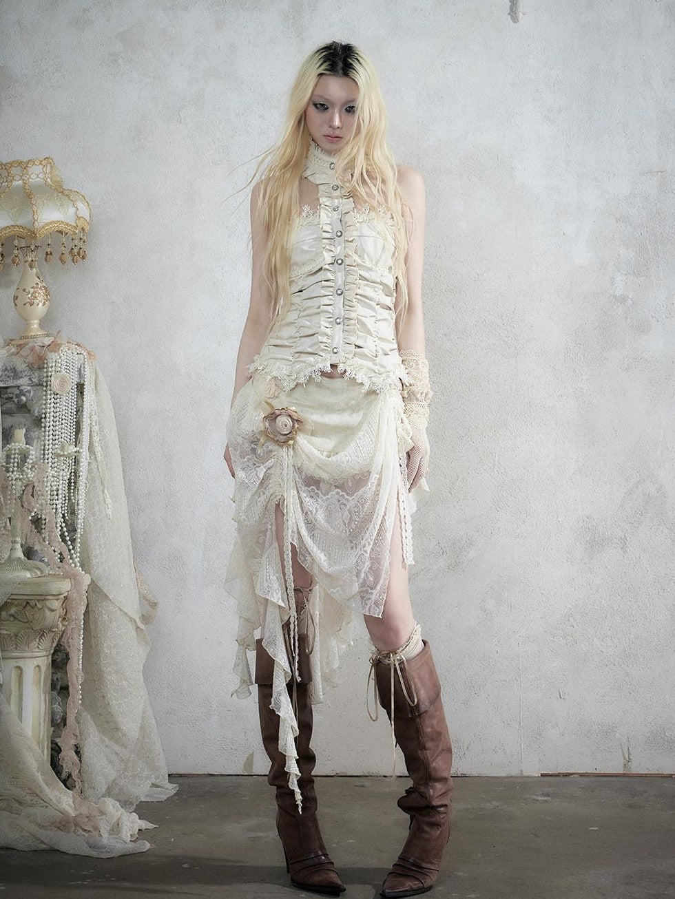 NO ROMANCE Vintage Baroque Lace Panel Ruched Velvet Bustier Women&