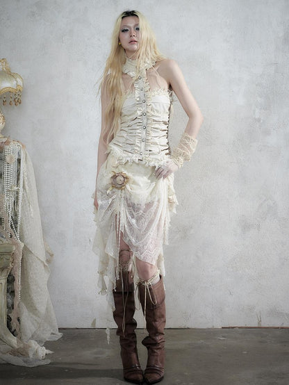NO ROMANCE Vintage Baroque Lace Panel Ruched Velvet Bustier Women&