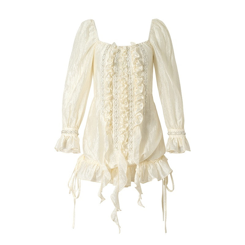 NO_ROMANCE_Vintage_Court_Ribbon_Ruffle_Puff_Three_Quarter_Sleeve_Women&