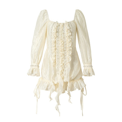 NO_ROMANCE_Vintage_Court_Ribbon_Ruffle_Puff_Three_Quarter_Sleeve_Women&