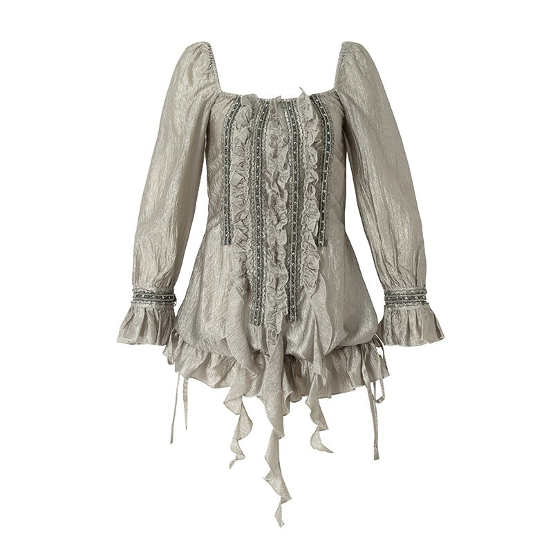 NO_ROMANCE_Vintage_Court_Ribbon_Ruffle_Puff_Three_Quarter_Sleeve_Women&