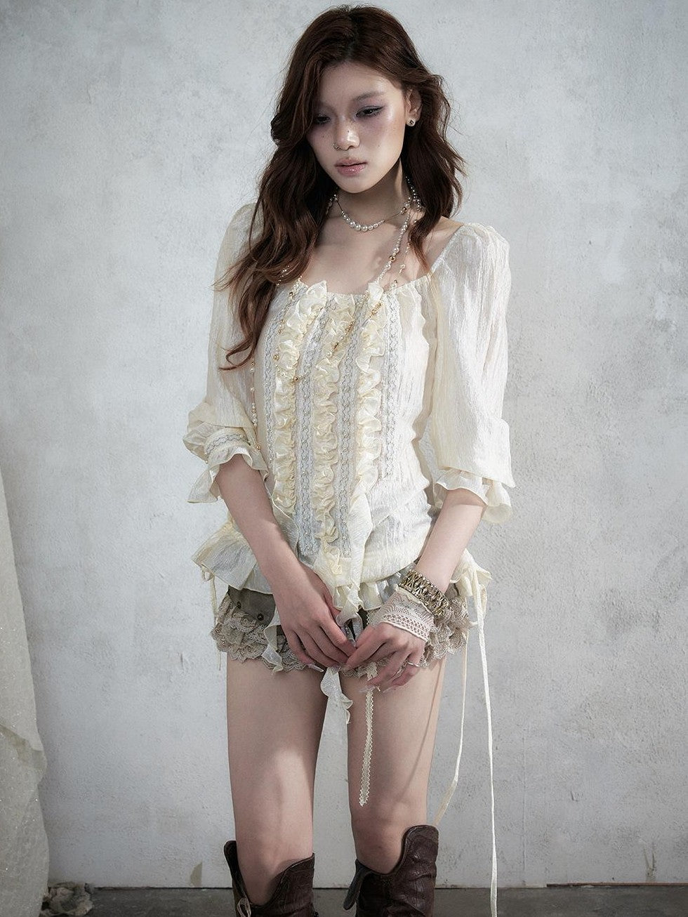 NO ROMANCE Vintage Court Ribbon Ruffle Puff Three Quarter Sleeve Women&