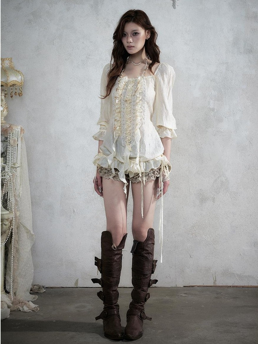 NO ROMANCE Vintage Court Ribbon Ruffle Puff Three Quarter Sleeve Women&