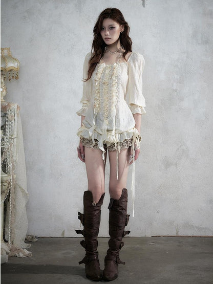 NO ROMANCE Vintage Court Ribbon Ruffle Puff Three Quarter Sleeve Women&