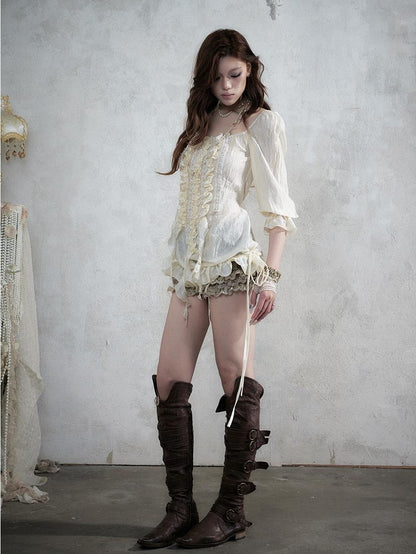 NO ROMANCE Vintage Court Ribbon Ruffle Puff Three Quarter Sleeve Women&