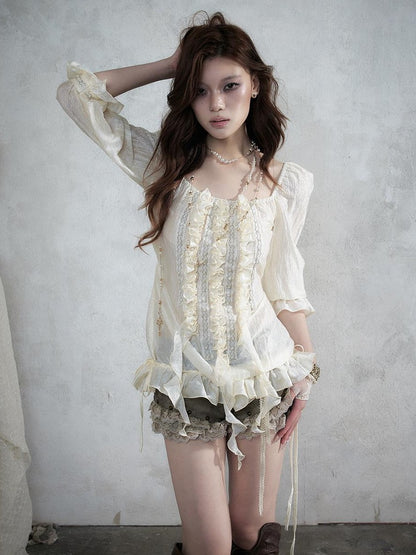 NO ROMANCE Vintage Court Ribbon Ruffle Puff Three Quarter Sleeve Women&