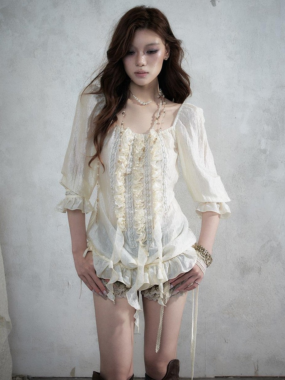 NO ROMANCE Vintage Court Ribbon Ruffle Puff Three Quarter Sleeve Women&