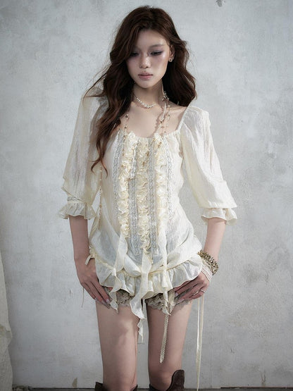 NO ROMANCE Vintage Court Ribbon Ruffle Puff Three Quarter Sleeve Women&