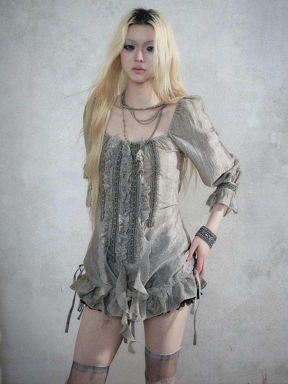 NO ROMANCE Vintage Court Ribbon Ruffle Puff Three Quarter Sleeve Women&
