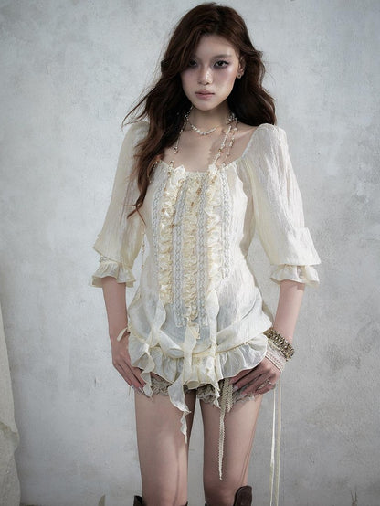 NO ROMANCE Vintage Court Ribbon Ruffle Puff Three Quarter Sleeve Women&
