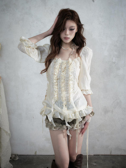 NO ROMANCE Vintage Court Ribbon Ruffle Puff Three Quarter Sleeve Women&
