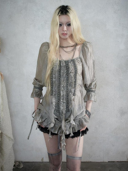 NO ROMANCE Vintage Court Ribbon Ruffle Puff Three Quarter Sleeve Women&