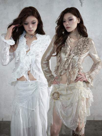 NO ROMANCE Vintage Court Ruffle Tie Waist Long Sleeve Women&
