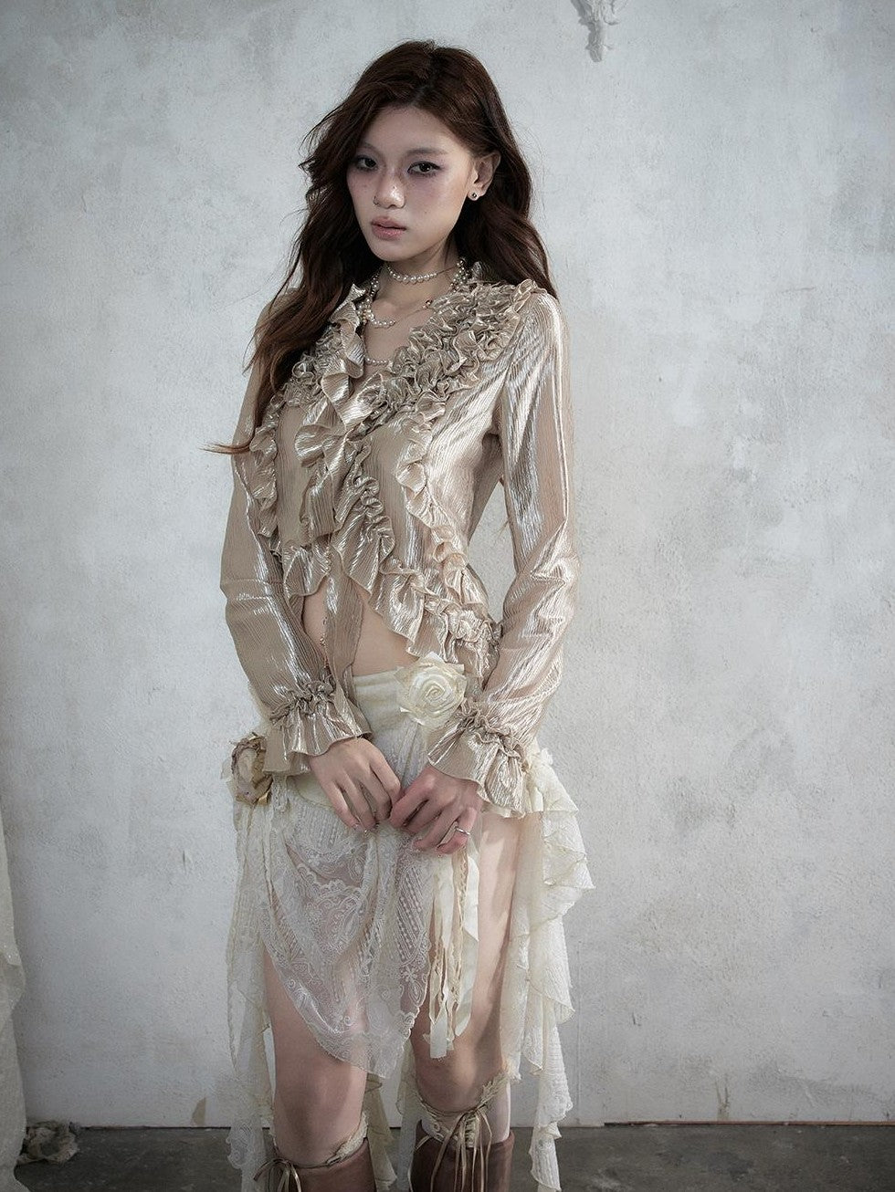 NO ROMANCE Vintage Court Ruffle Tie Waist Long Sleeve Women&