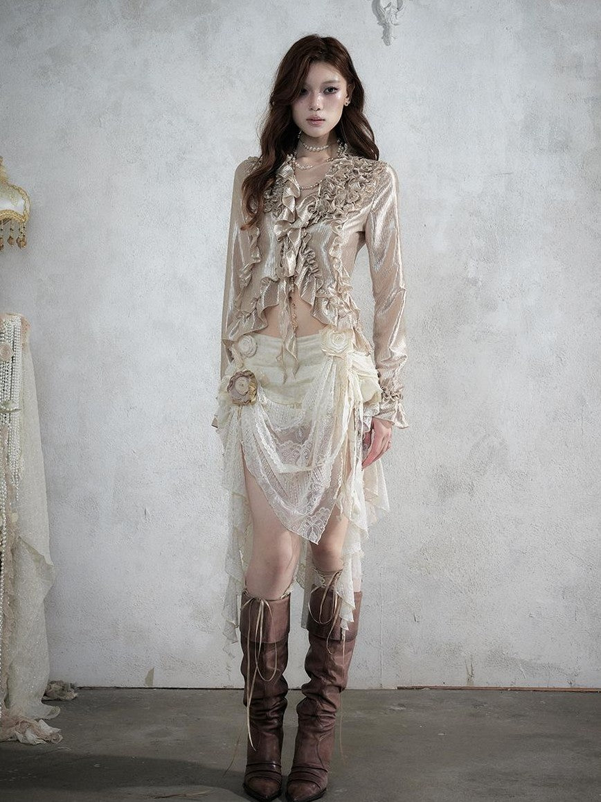 NO ROMANCE Vintage Court Ruffle Tie Waist Long Sleeve Women&