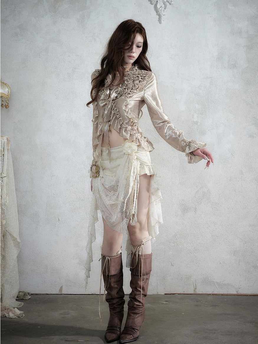NO ROMANCE Vintage Court Ruffle Tie Waist Long Sleeve Women&
