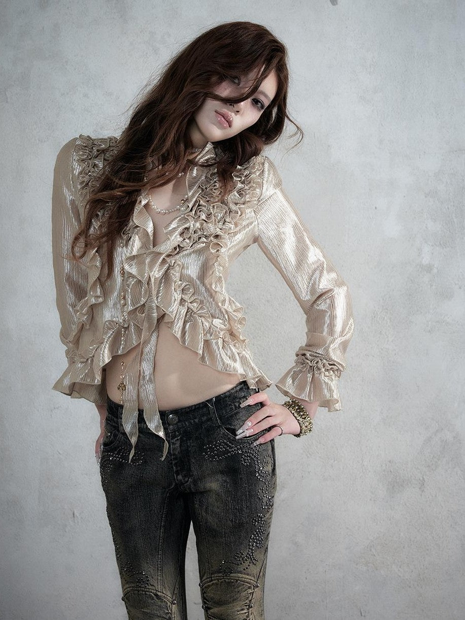 NO ROMANCE Vintage Court Ruffle Tie Waist Long Sleeve Women&