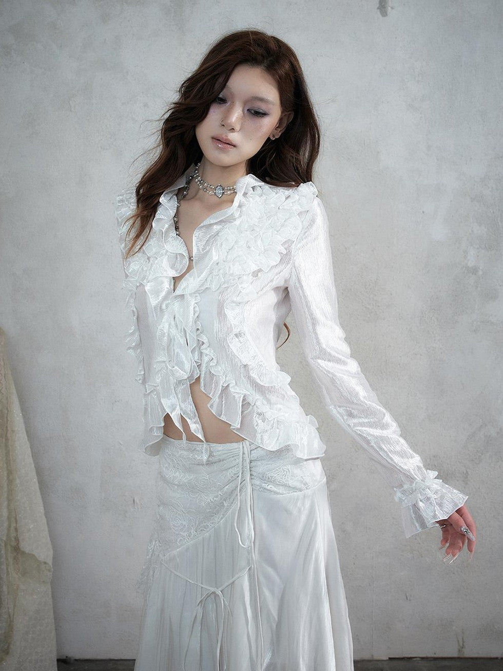 NO ROMANCE Vintage Court Ruffle Tie Waist Long Sleeve Women&