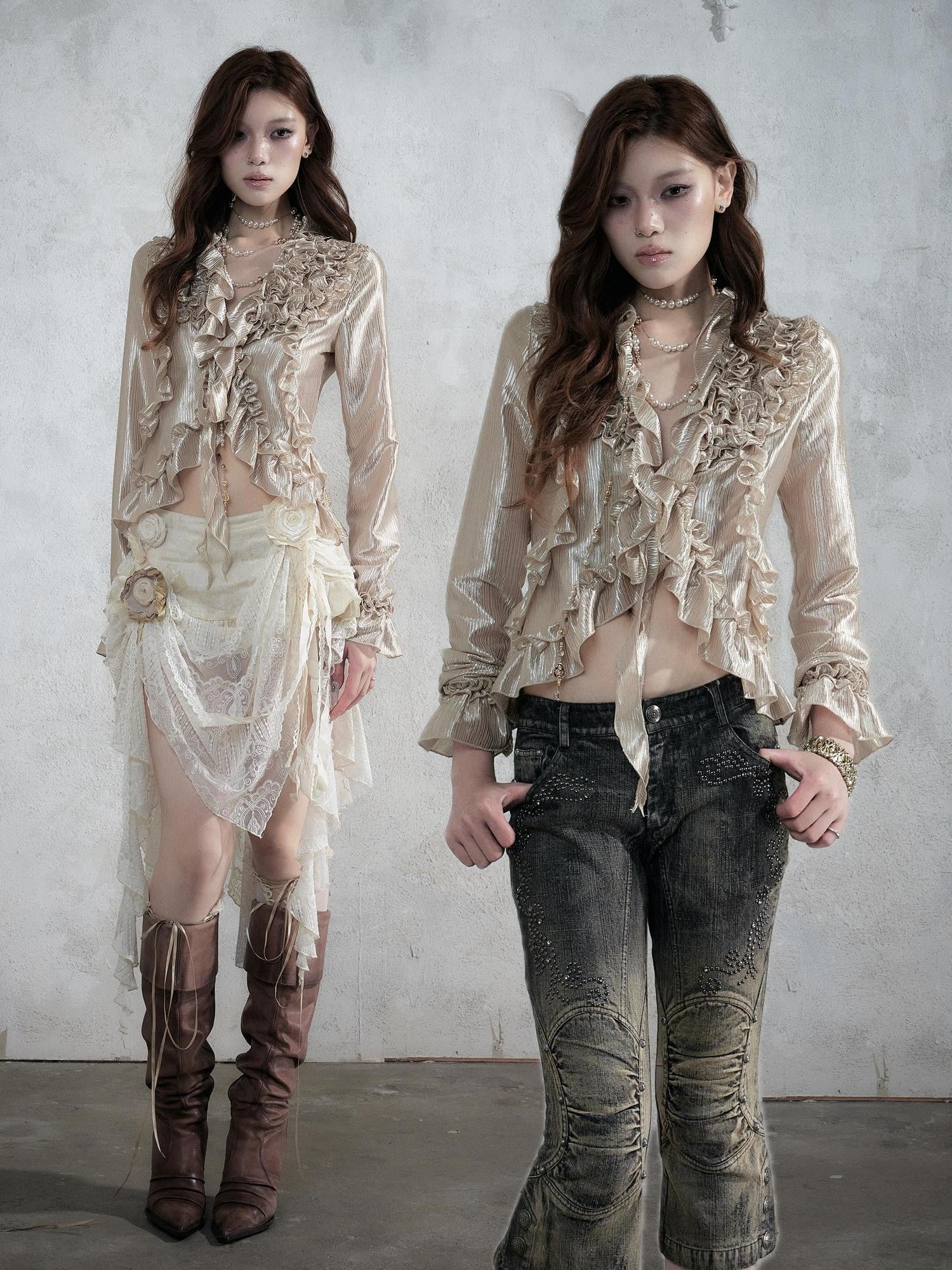 NO ROMANCE Vintage Court Ruffle Tie Waist Long Sleeve Women&