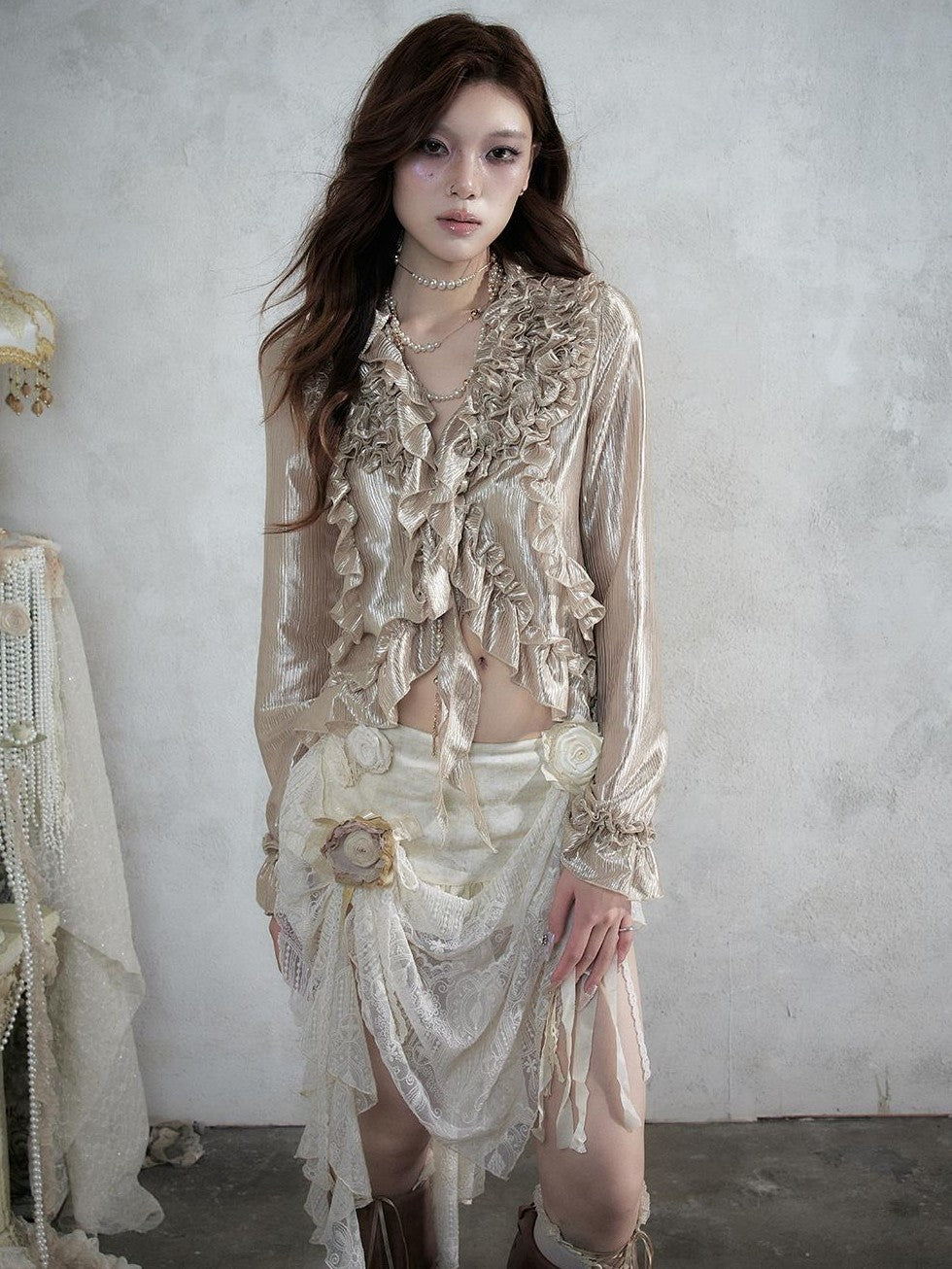 NO ROMANCE Vintage Court Ruffle Tie Waist Long Sleeve Women&
