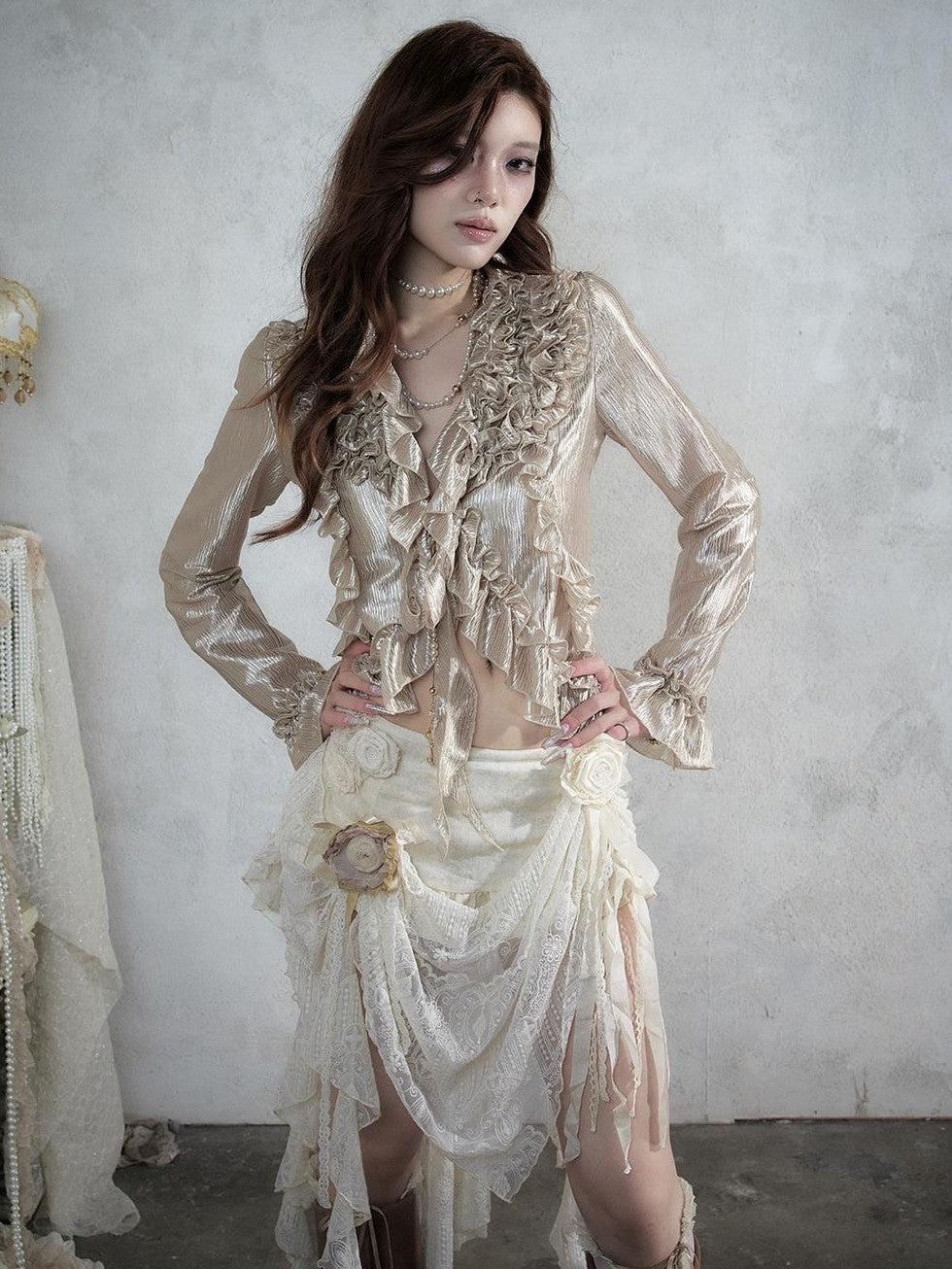 NO ROMANCE Vintage Court Ruffle Tie Waist Long Sleeve Women&