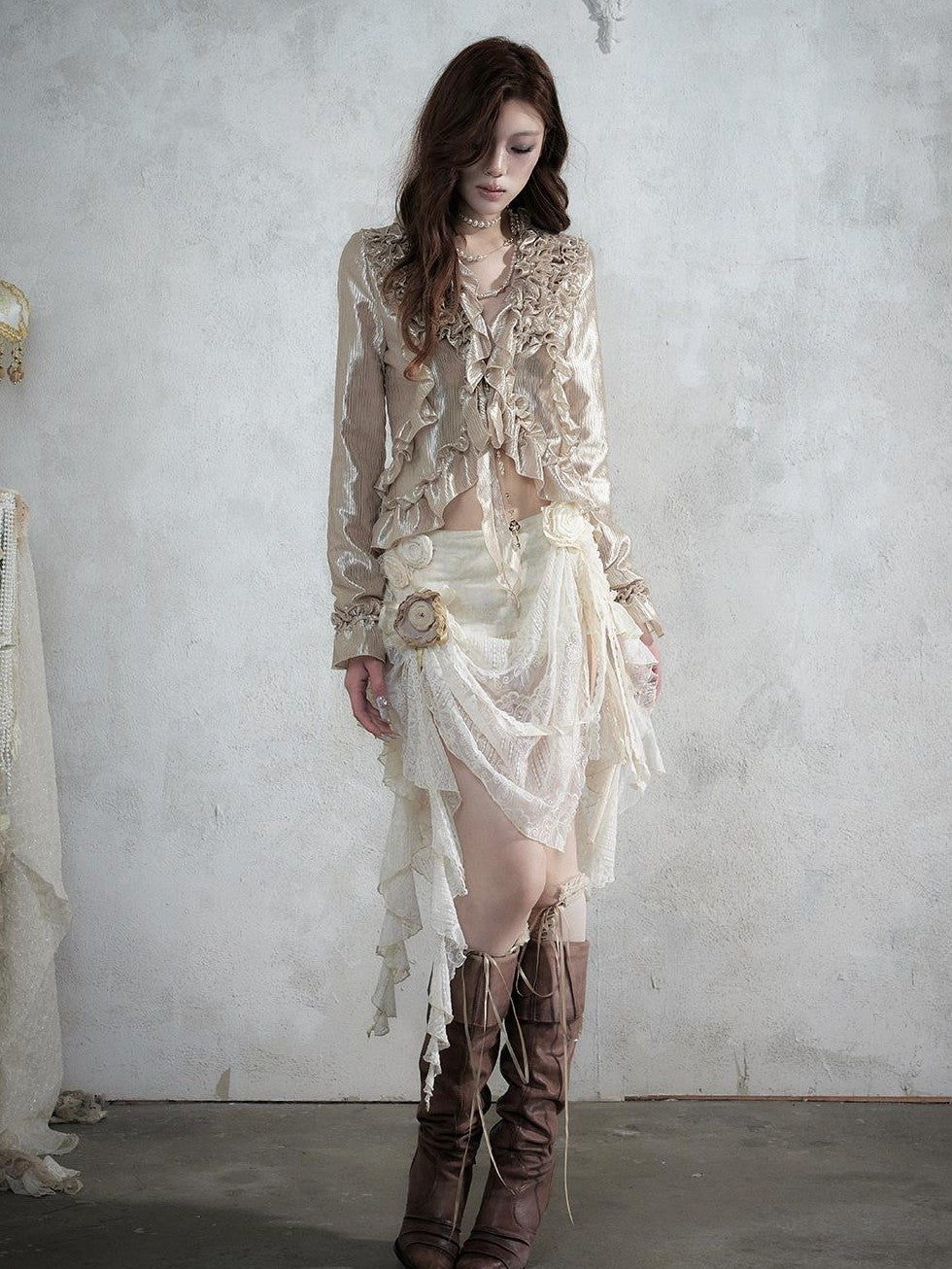 NO ROMANCE Vintage Court Ruffle Tie Waist Long Sleeve Women&