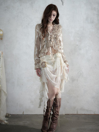 NO ROMANCE Vintage Court Ruffle Tie Waist Long Sleeve Women&
