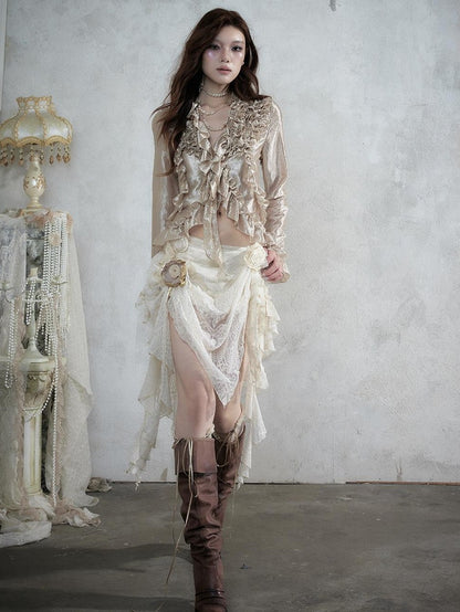 NO ROMANCE Vintage Court Ruffle Tie Waist Long Sleeve Women&
