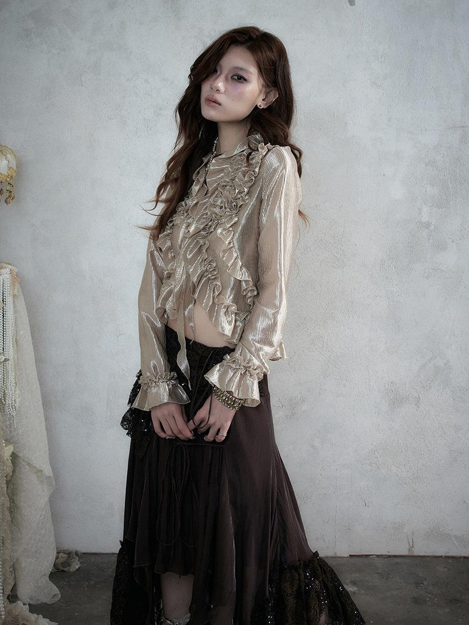 NO ROMANCE Vintage Court Ruffle Tie Waist Long Sleeve Women&