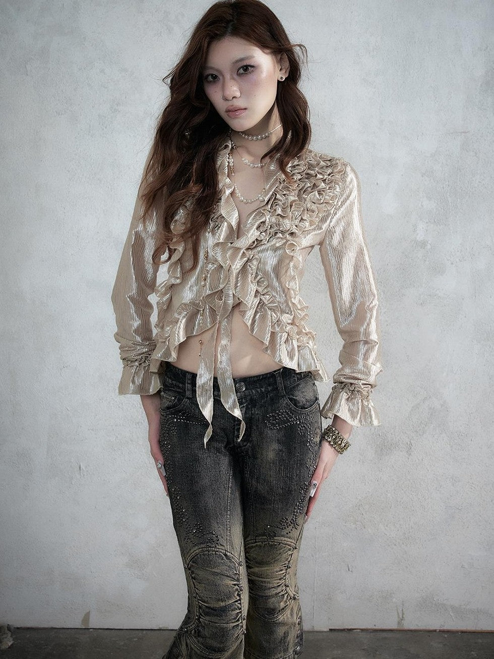 NO ROMANCE Vintage Court Ruffle Tie Waist Long Sleeve Women&