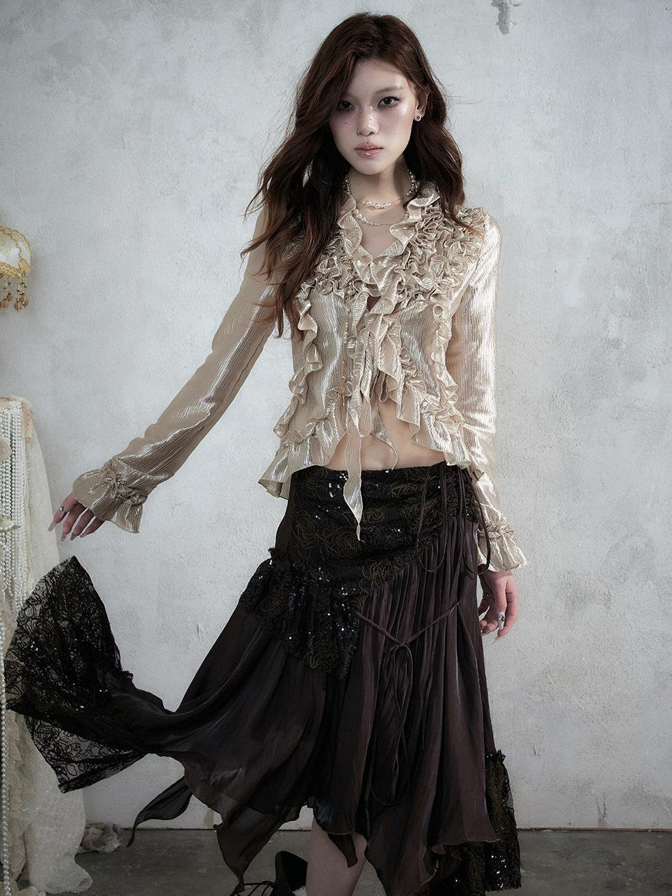 NO ROMANCE Vintage Court Ruffle Tie Waist Long Sleeve Women&