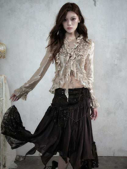 NO ROMANCE Vintage Court Ruffle Tie Waist Long Sleeve Women&