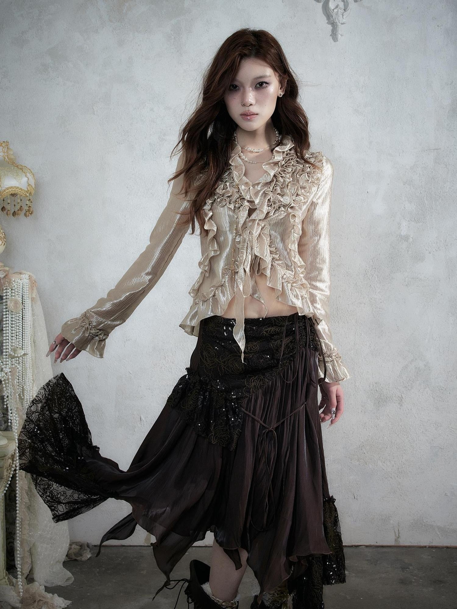 NO ROMANCE Vintage Court Ruffle Tie Waist Long Sleeve Women&