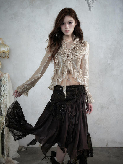 NO ROMANCE Vintage Court Ruffle Tie Waist Long Sleeve Women&