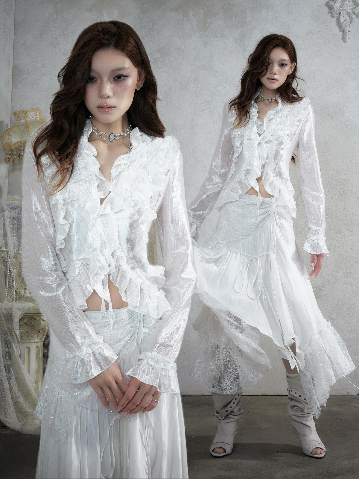 NO ROMANCE Vintage Court Ruffle Tie Waist Long Sleeve Women&