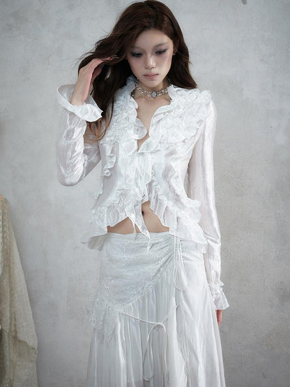 NO ROMANCE Vintage Court Ruffle Tie Waist Long Sleeve Women&