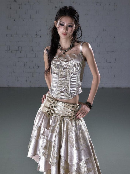 NO ROMANCE Vintage Court Waist Cinching Lace Trim Boned Bustier Women&