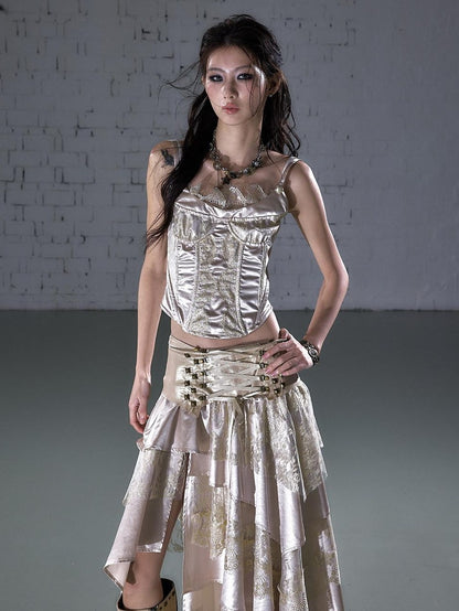 NO ROMANCE Vintage Court Waist Cinching Lace Trim Boned Bustier Women&